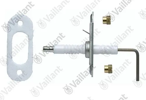 Vaillant Elektrode zur Überwachung, kombiniert mit Halterung und Anschlussteilen, in einem klaren Layout zur Installation in Heizsystemen.